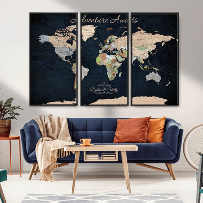 43186793-MGV-FC-60X40-3P_Black-Personalized World Map Print, Customizable Push Pin Framed World Map Print on Canvas - Custom Quote on Map Print