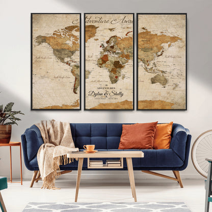 20810820-MGV-FC-60X40-3P_Black-Personalized World Map Print, Customizable Push Pin Framed World Map Print on Canvas - Custom Quote on Map Print
