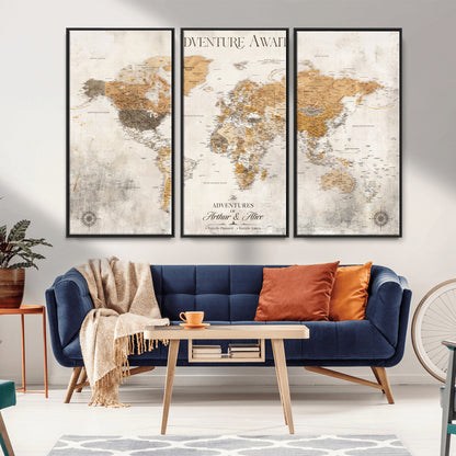 99422096-MGV-FC-60X40-3P_Black-Custom Push Pin World Map Wall Canvas Print – Personalized Travel Tracker with Pins – Framed Custom Quotie Canvas for Home Office Decor