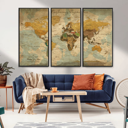 40572820-MGV-FC-48X32-3P_Black-Custom Push Pin World Map Wall Canvas Print – Personalized Travel Tracker with Pins – Framed Custom Quotie Canvas for Home Office Decor
