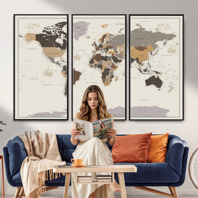 58777746-MGV-CV-36X24 - Custom Beige Modern Push Pin World Map Canvas Print, Places Visited Tracker, Bedroom and Study Decor