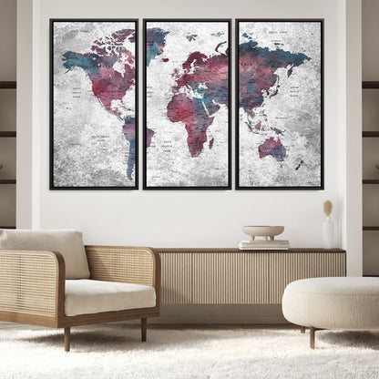 Push Pin World Map Canvas Print – Framed Wall Art for Couples to Track Their Travels – Anniversary Gift or Home Adventure Decor