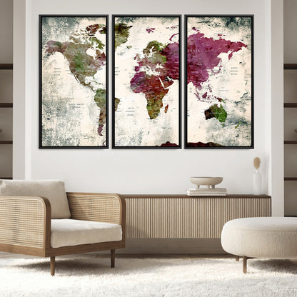 Push Pin World Map Canvas Print – Framed Wall Art for Couples to Track Their Travels – Anniversary Gift or Home Adventure Decor