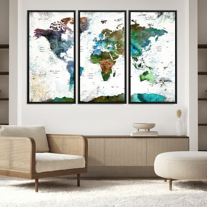 Push Pin World Map Canvas Print – Framed Wall Art for Couples to Track Their Travels – Anniversary Gift or Home Adventure Decor