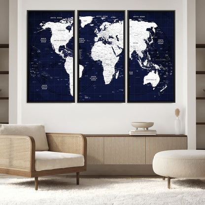 Push Pin World Map Canvas Print – Framed Wall Art for Couples to Track Their Travels – Anniversary Gift or Home Adventure Decor
