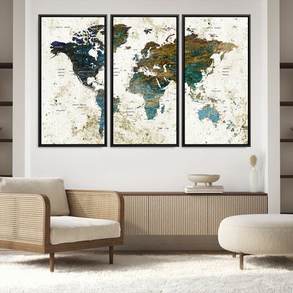 Vintage World Map Wall Art Canvas Print, Framed Rustic Earth Map Art Picture Print, Antique Map Perfect Rustic Vintage Decor Artwork