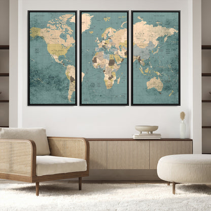 Classic World Map Wall Art Canvas Print, Framed Retro Map Art Picture Print, Vintage Atlas Perfect Rustic Explorer Decor Artwork