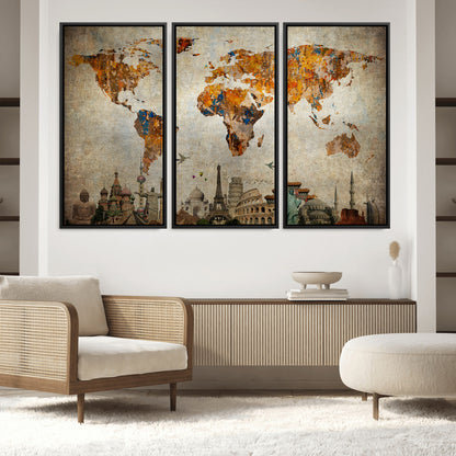 Push Pin World Map Canvas Print – Framed Wall Art for Couples to Track Their Travels – Anniversary Gift or Home Adventure Decor