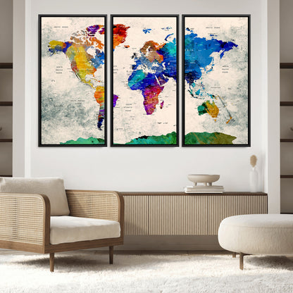 Push Pin World Map Canvas Print – Framed Wall Art for Couples to Track Their Travels – Anniversary Gift or Home Adventure Decor