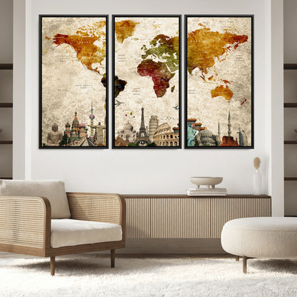 Push Pin World Map Canvas Print – Framed Wall Art for Couples to Track Their Travels – Anniversary Gift or Home Adventure Decor