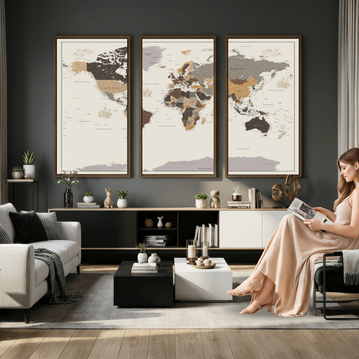 58777746-MGV-CV-36X24 - Custom Beige Modern Push Pin World Map Canvas Print, Places Visited Tracker, Bedroom and Study Decor