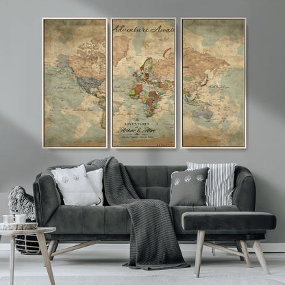 60798273-MGV-CV-30X20-Custom Push Pin World Map Wall Canvas Print – Personalized Travel Tracker with Pins – Framed Custom Quotie Canvas for Home Office Decor