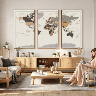 58777746-MGV-CV-36X24 - Custom Beige Modern Push Pin World Map Canvas Print, Places Visited Tracker, Bedroom and Study Decor