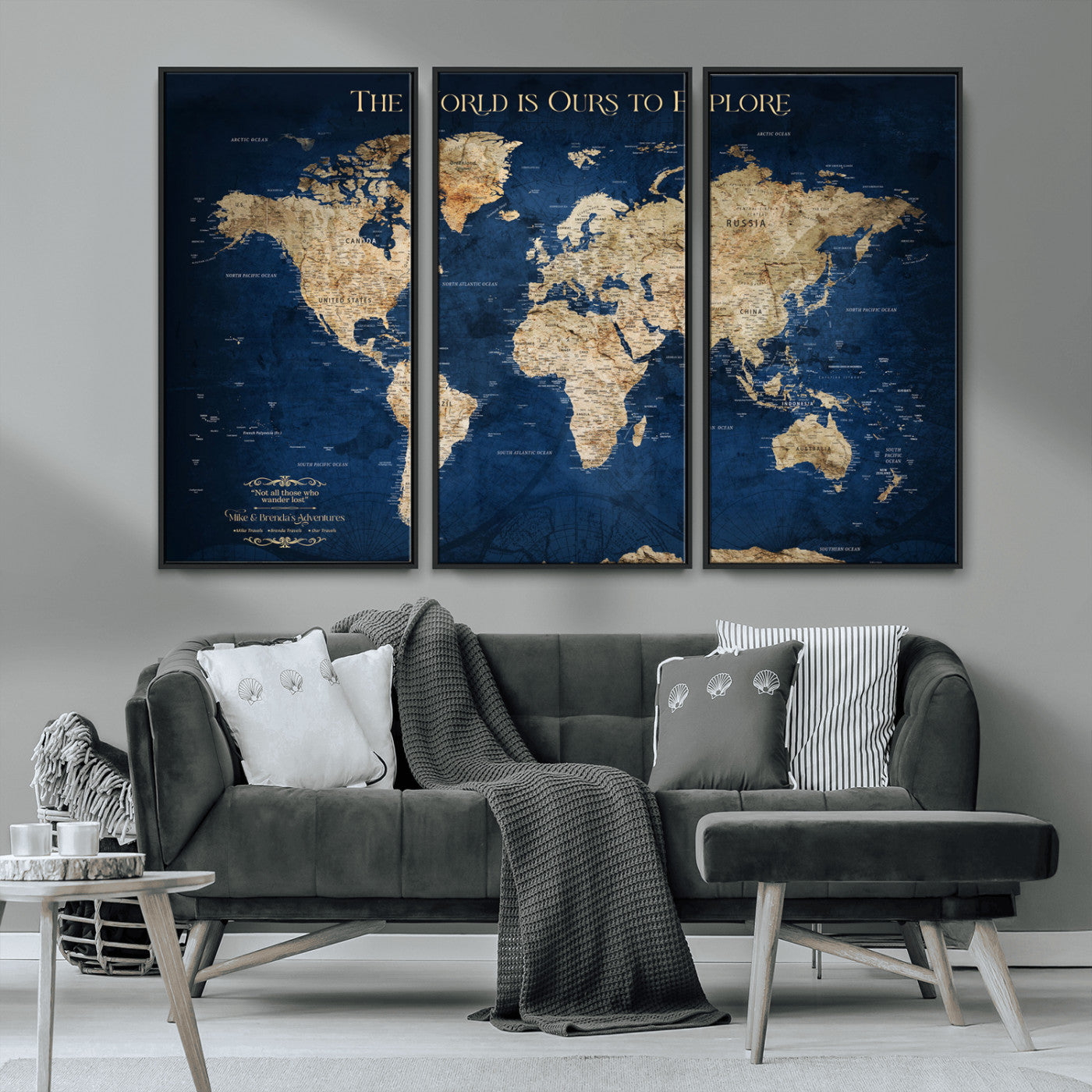 Custom World Map Wall Art – Personalized Framed Canvas Print with Push Pins for Travel Tracking, Anniversary or Couple Gift Ideas - H2-2