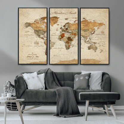 64295326-MGV-CV-30X20-Custom Push Pin World Map Wall Canvas Print – Personalized Travel Tracker with Pins – Framed Custom Quotie Canvas for Home Office Decor