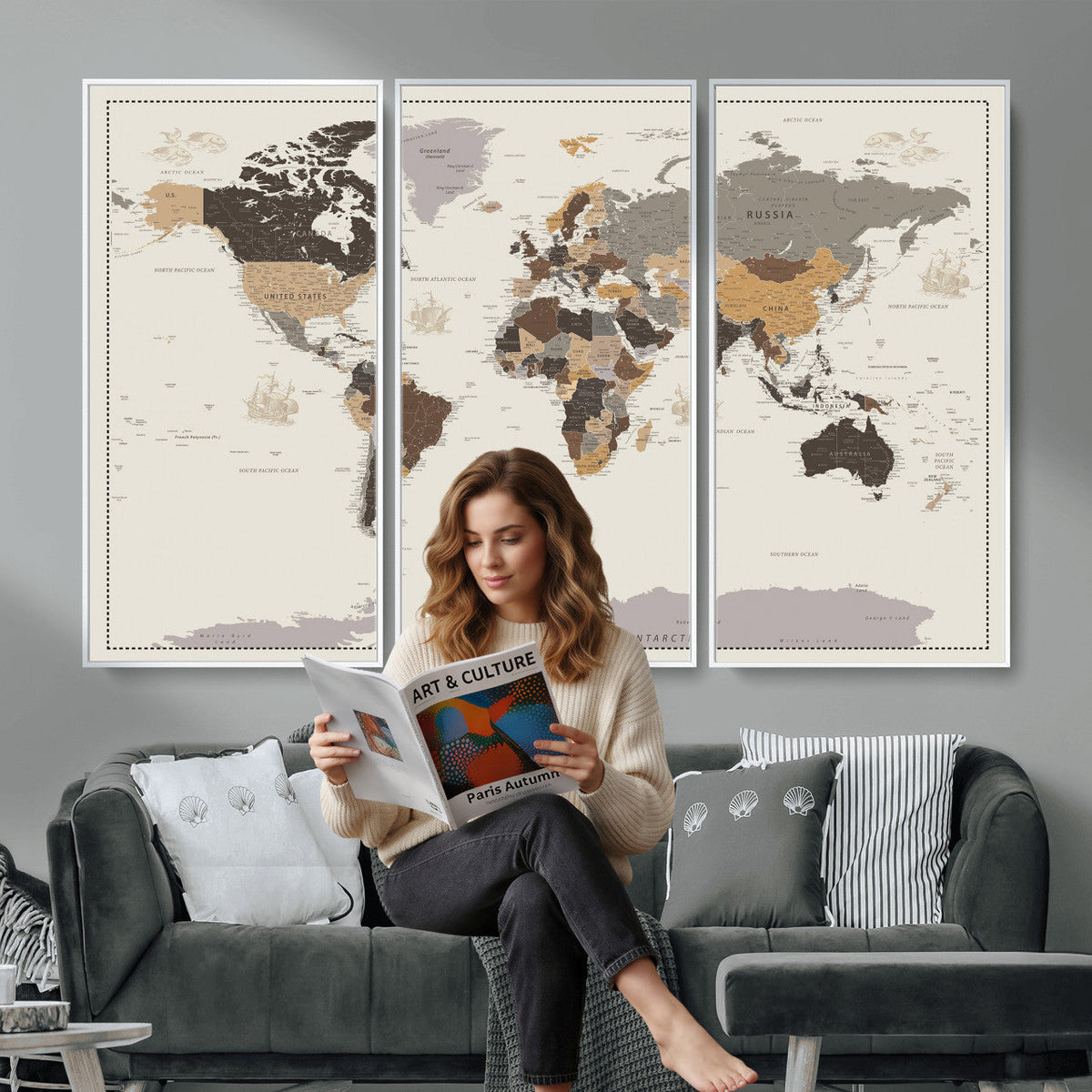 58777746-MGV-CV-36X24 - Custom Beige Modern Push Pin World Map Canvas Print, Places Visited Tracker, Bedroom and Study Decor