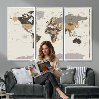 58777746-MGV-CV-36X24 - Custom Beige Modern Push Pin World Map Canvas Print, Places Visited Tracker, Bedroom and Study Decor