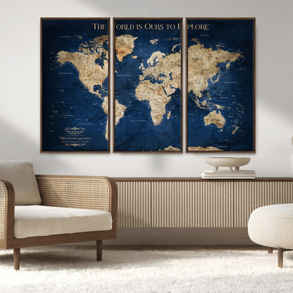 Custom World Map Wall Art – Personalized Framed Canvas Print with Push Pins for Travel Tracking, Anniversary or Couple Gift Ideas - H2-2