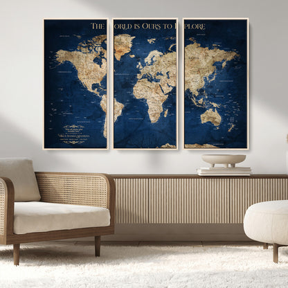 Custom World Map Wall Art – Personalized Framed Canvas Print with Push Pins for Travel Tracking, Anniversary or Couple Gift Ideas - H2-2