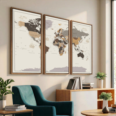 58777746-MGV-CV-36X24 - Custom Beige Modern Push Pin World Map Canvas Print, Places Visited Tracker, Bedroom and Study Decor