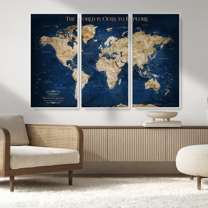 Custom World Map Wall Art – Personalized Framed Canvas Print with Push Pins for Travel Tracking, Anniversary or Couple Gift Ideas - H2-2