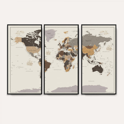 58777746-MGV-CV-36X24 - Custom Beige Modern Push Pin World Map Canvas Print, Places Visited Tracker, Bedroom and Study Decor
