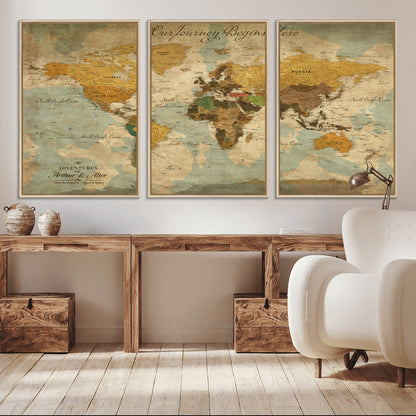 40572820-MGV-CV-36X24-Custom Push Pin World Map Wall Canvas Print – Personalized Travel Tracker with Pins – Framed Custom Quotie Canvas for Home Office Decor
