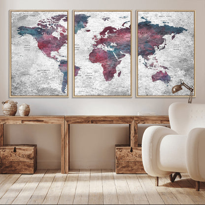 Push Pin World Map Canvas Print – Framed Wall Art for Couples to Track Their Travels – Anniversary Gift or Home Adventure Decor