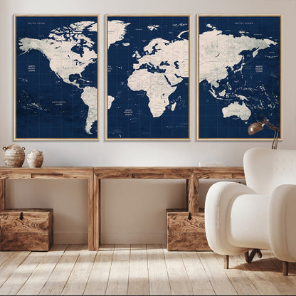 Push Pin World Map Canvas Print – Framed Wall Art for Couples to Track Their Travels – Anniversary Gift or Home Adventure Decor