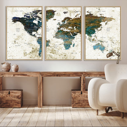 Vintage World Map Wall Art Canvas Print, Framed Rustic Earth Map Art Picture Print, Antique Map Perfect Rustic Vintage Decor Artwork