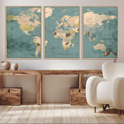 Classic World Map Wall Art Canvas Print, Framed Retro Map Art Picture Print, Vintage Atlas Perfect Rustic Explorer Decor Artwork