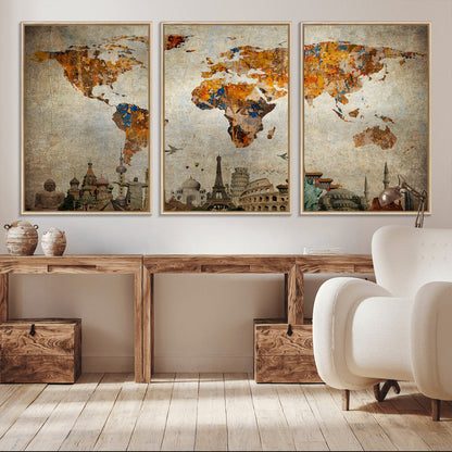 Push Pin World Map Canvas Print – Framed Wall Art for Couples to Track Their Travels – Anniversary Gift or Home Adventure Decor