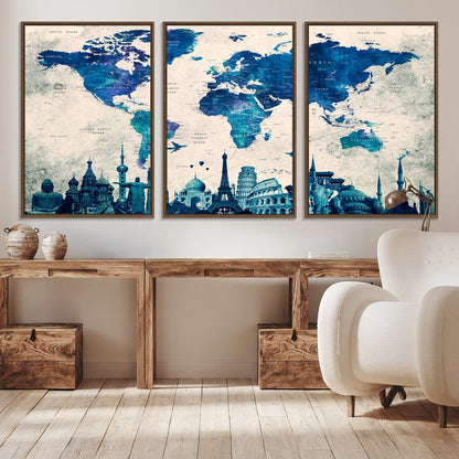 Navy Blue World Map Canvas Print, Wonder of World Map Push Pin Canvas Print
