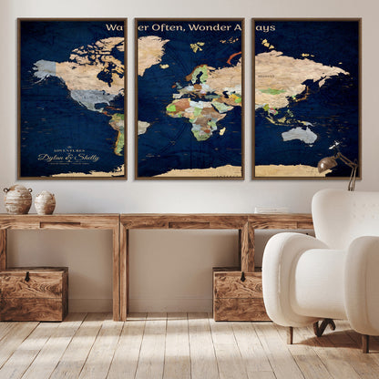 12399561-MGV-CV-30X20-Personalized World Map Print, Customizable Push Pin Framed World Map Print on Canvas - Custom Quote on Map Print