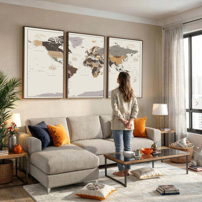 58777746-MGV-CV-36X24 - Custom Beige Modern Push Pin World Map Canvas Print, Places Visited Tracker, Bedroom and Study Decor
