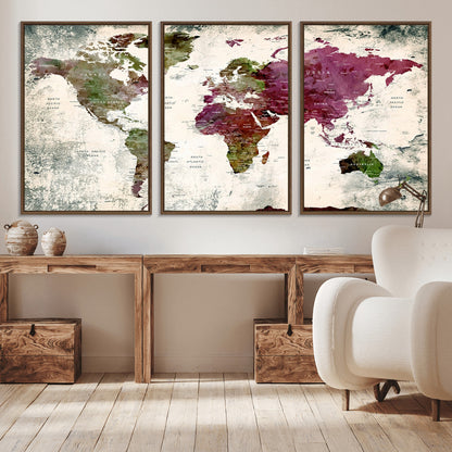 Push Pin World Map Canvas Print – Framed Wall Art for Couples to Track Their Travels – Anniversary Gift or Home Adventure Decor