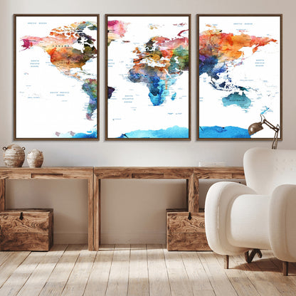 Push Pin World Map Canvas Print – Framed Wall Art for Couples to Track Their Travels – Anniversary Gift or Home Adventure Decor
