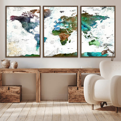 Push Pin World Map Canvas Print – Framed Wall Art for Couples to Track Their Travels – Anniversary Gift or Home Adventure Decor