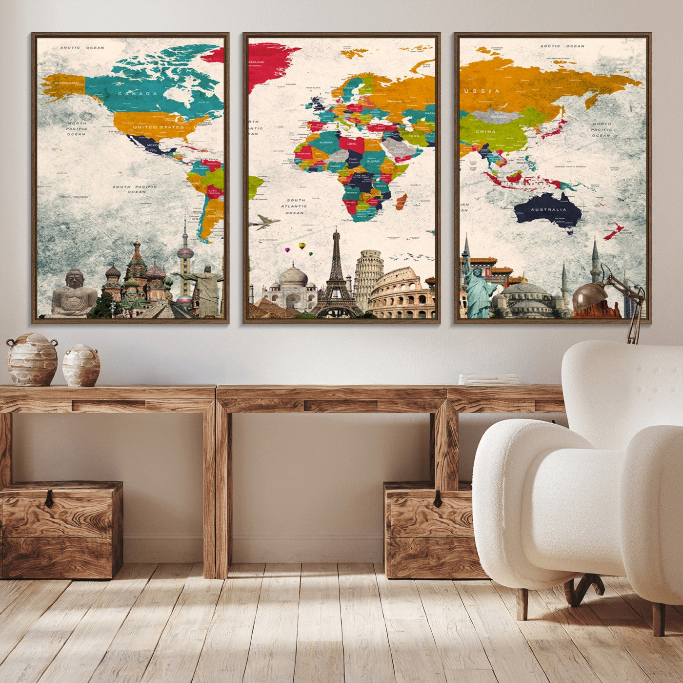 Push Pin World Map Canvas Print – Framed Wall Art for Couples to Track Their Travels – Anniversary Gift or Home Adventure Decor