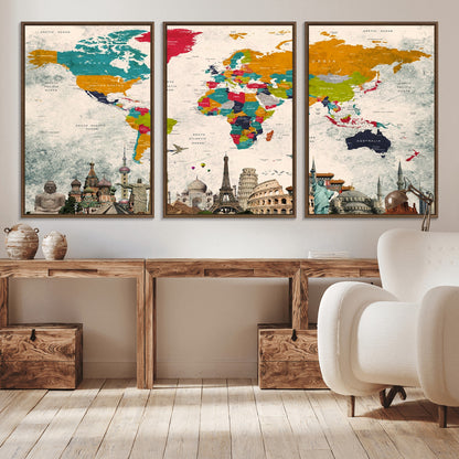 Push Pin World Map Canvas Print – Framed Wall Art for Couples to Track Their Travels – Anniversary Gift or Home Adventure Decor