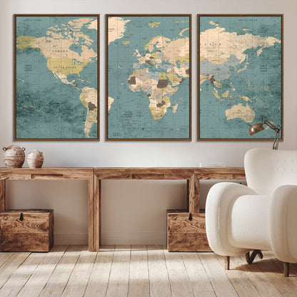 Classic World Map Wall Art Canvas Print, Framed Retro Map Art Picture Print, Vintage Atlas Perfect Rustic Explorer Decor Artwork