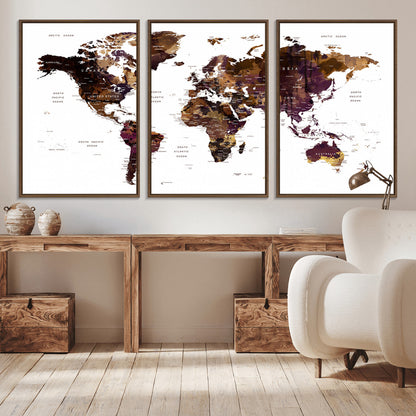 Push Pin World Map Canvas Print – Framed Wall Art for Couples to Track Their Travels – Anniversary Gift or Home Adventure Decor