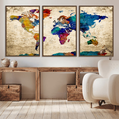 Push Pin World Map Canvas Print – Framed Wall Art for Couples to Track Their Travels – Anniversary Gift or Home Adventure Decor