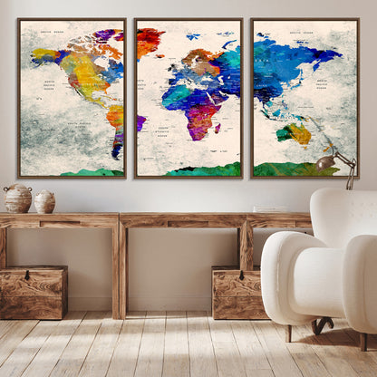 Push Pin World Map Canvas Print – Framed Wall Art for Couples to Track Their Travels – Anniversary Gift or Home Adventure Decor