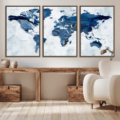 Push Pin World Map Canvas Print – Framed Wall Art for Couples to Track Their Travels – Anniversary Gift or Home Adventure Decor