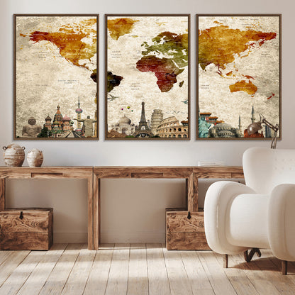 Push Pin World Map Canvas Print – Framed Wall Art for Couples to Track Their Travels – Anniversary Gift or Home Adventure Decor