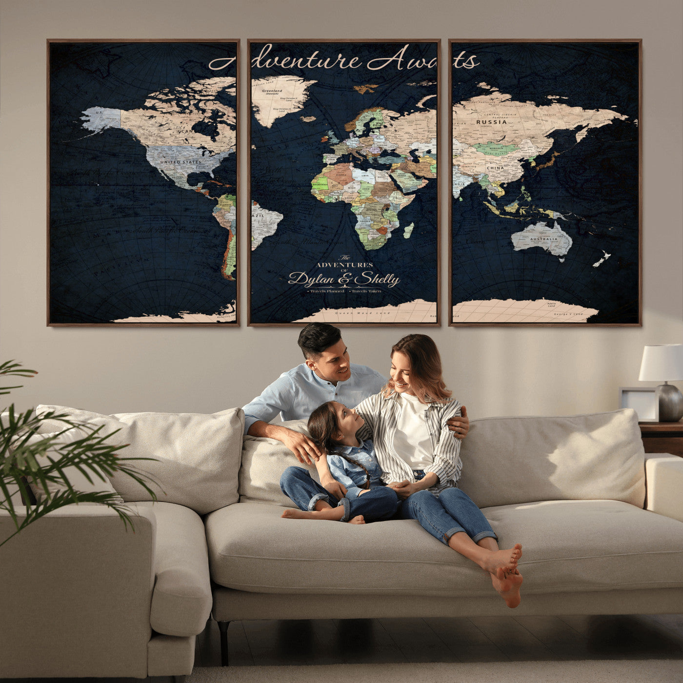 43186793-MGV-FC-60X30-3P_Walnut-Personalized World Map Print, Customizable Push Pin Framed World Map Print on Canvas - Custom Quote on Map Print