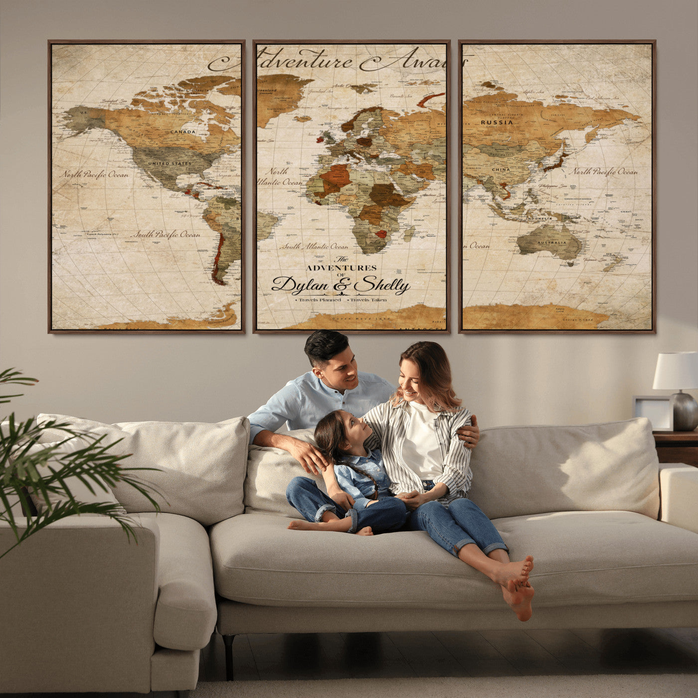 20810820-MGV-FC-60X30-3P_Walnut-Personalized World Map Print, Customizable Push Pin Framed World Map Print on Canvas - Custom Quote on Map Print