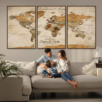 20810820-MGV-FC-60X30-3P_Walnut-Personalized World Map Print, Customizable Push Pin Framed World Map Print on Canvas - Custom Quote on Map Print