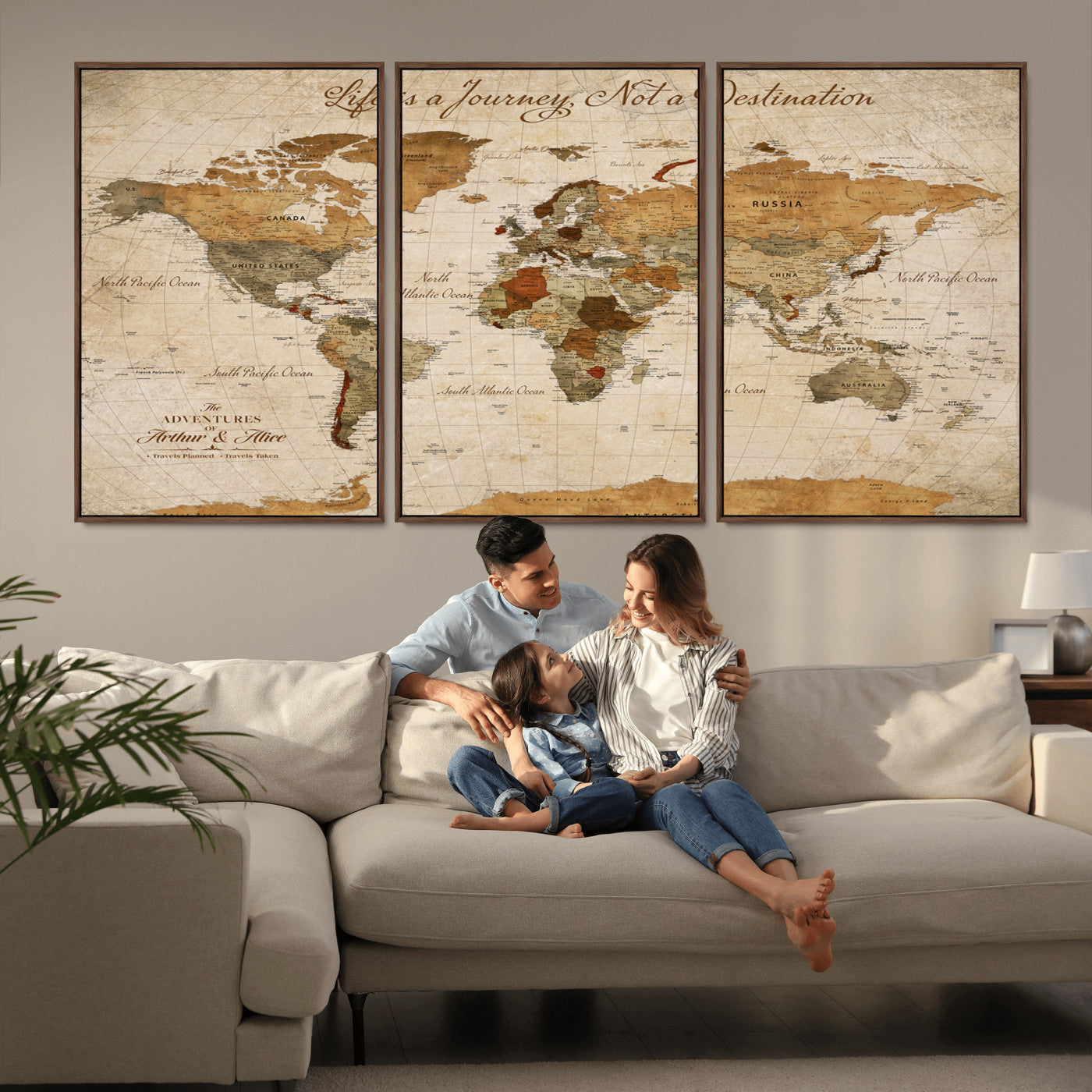 79036691-MGV-FC-60X30-3P_Walnut-Custom Push Pin World Map Wall Canvas Print – Personalized Travel Tracker with Pins – Framed Custom Quotie Canvas for Home Office Decor